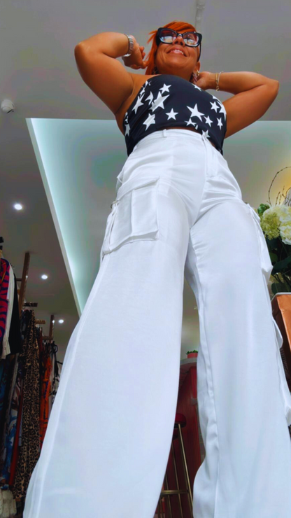 Gleam Minimalist High-Waist White Cargo Trousers