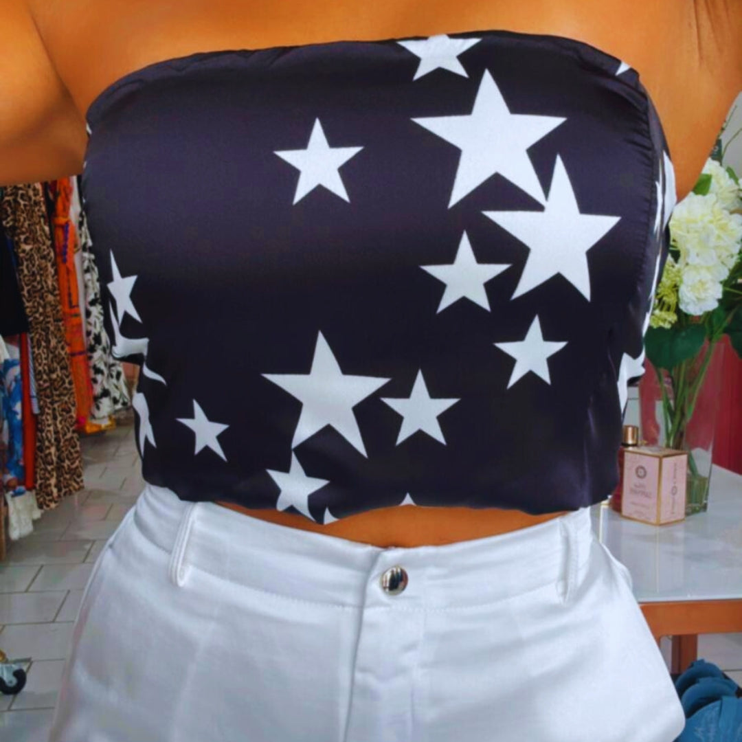 Stellar Black Strapless Star Print Top