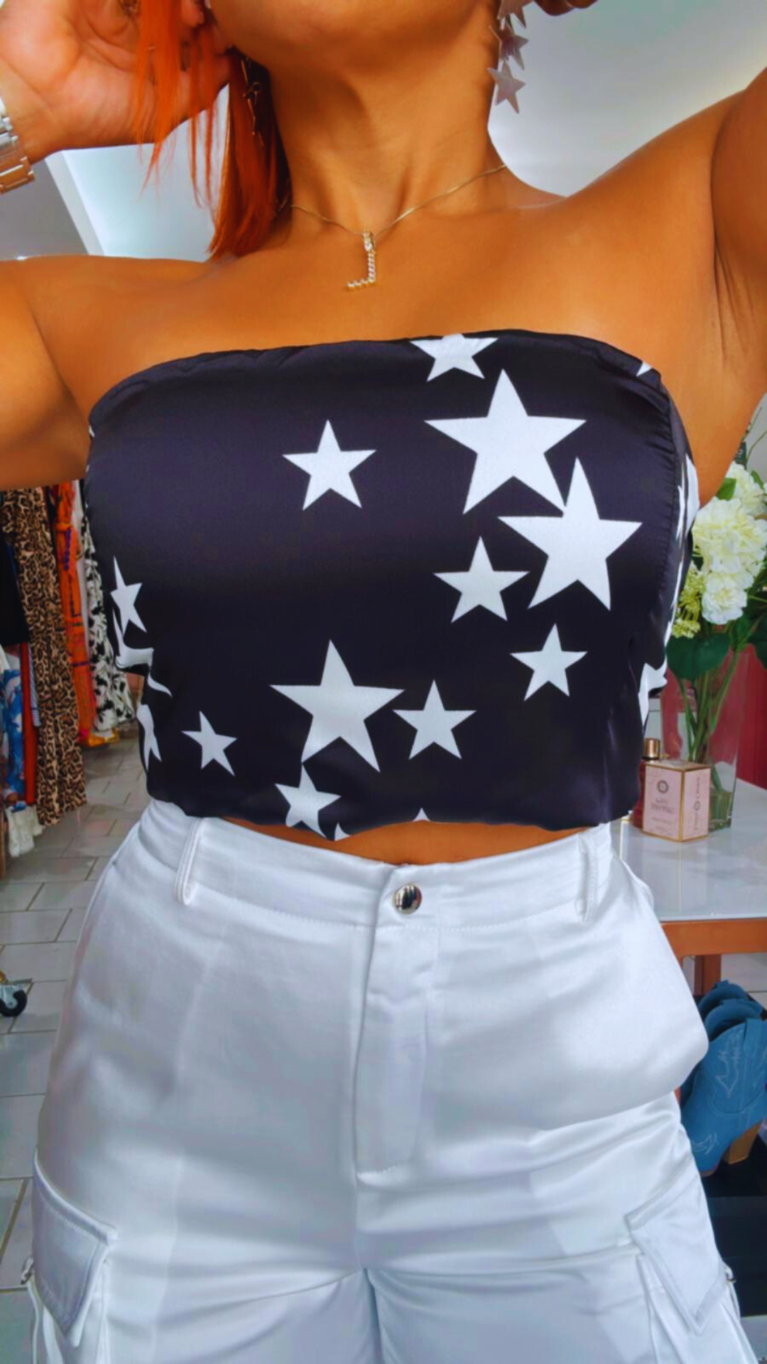 Stellar Black Strapless Star Print Top