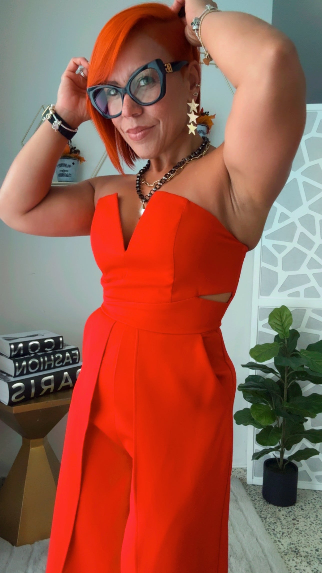 Red Jumpsuit with Cut-out Leg