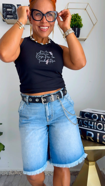 Por la mañana cafe por la tarde ron tank top. - Negro