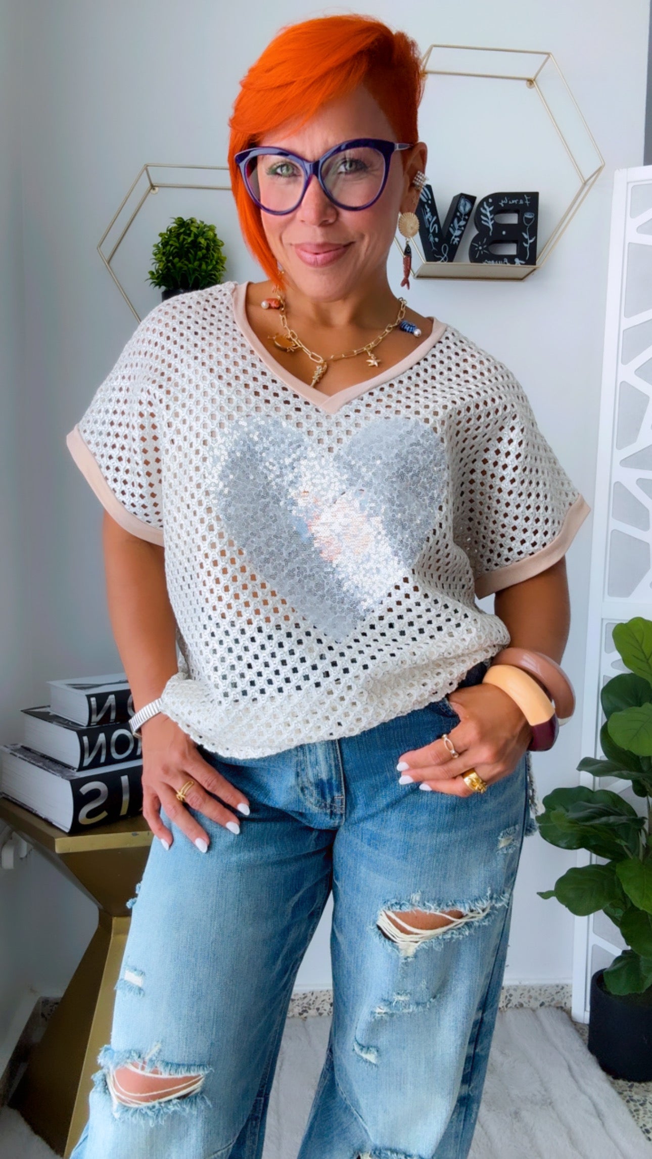 Silver Rhinestone Hearth Crochet Glam Top