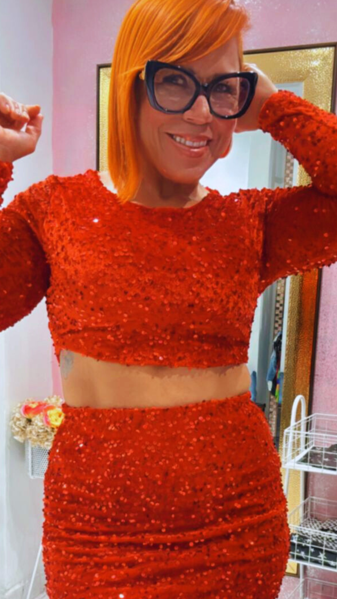 Red Sequin Glitter Long Sleeve Crop Top