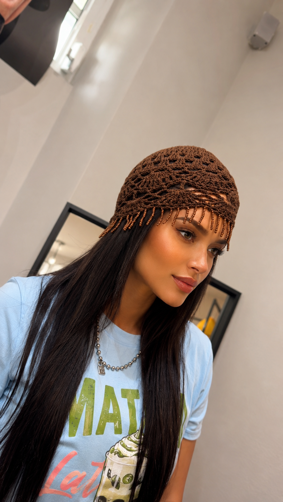 Chocolate Crochet Beaded Cap&nbsp;