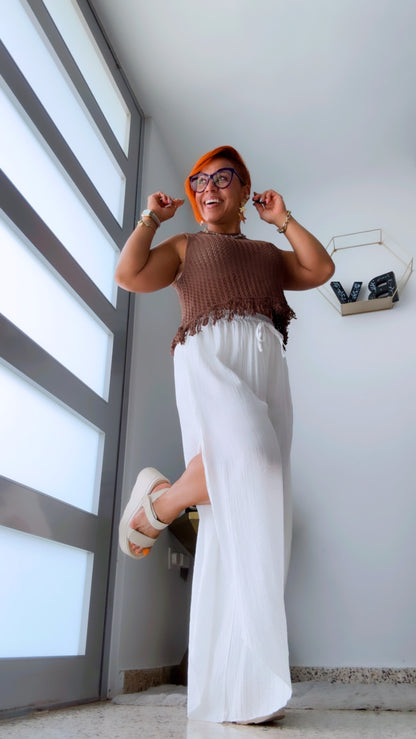 White Wide Leg Split Skirt Pant - Boho&nbsp;