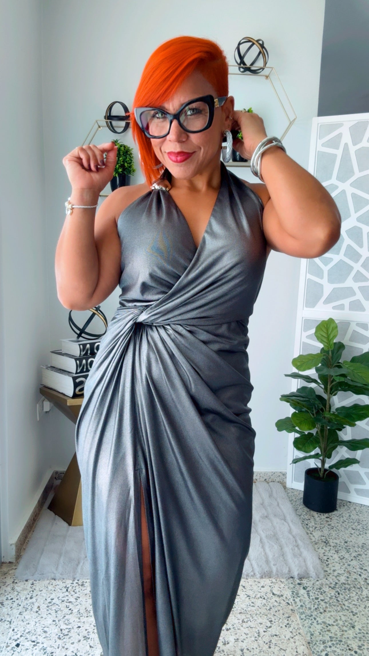 Twist Front Metallic Gray Maxi Dress (Pewter)