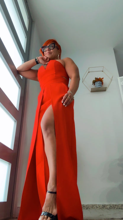 Red Jumpsuit with Cut-out Leg