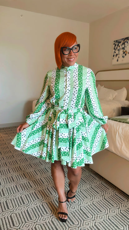 Green Striped Polka Dots Short Dress