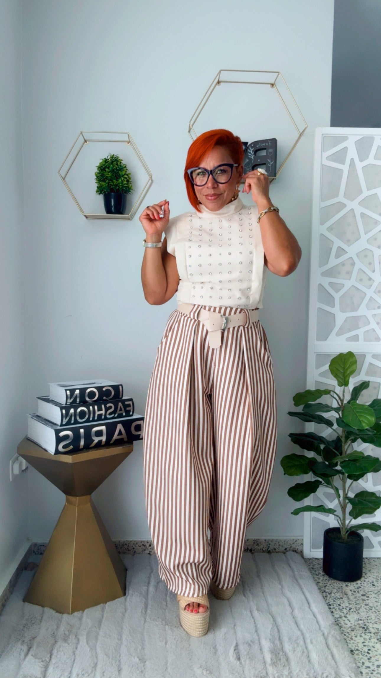 Nude and Beige Line Flow Pants