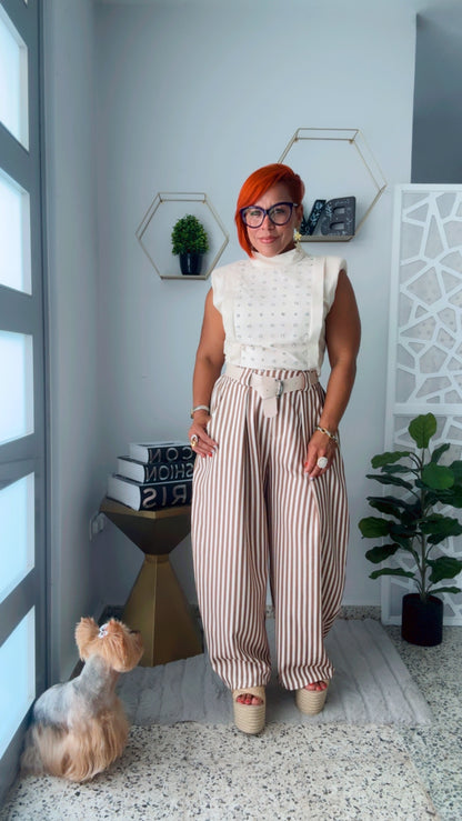 Nude and Beige Line Flow Pants