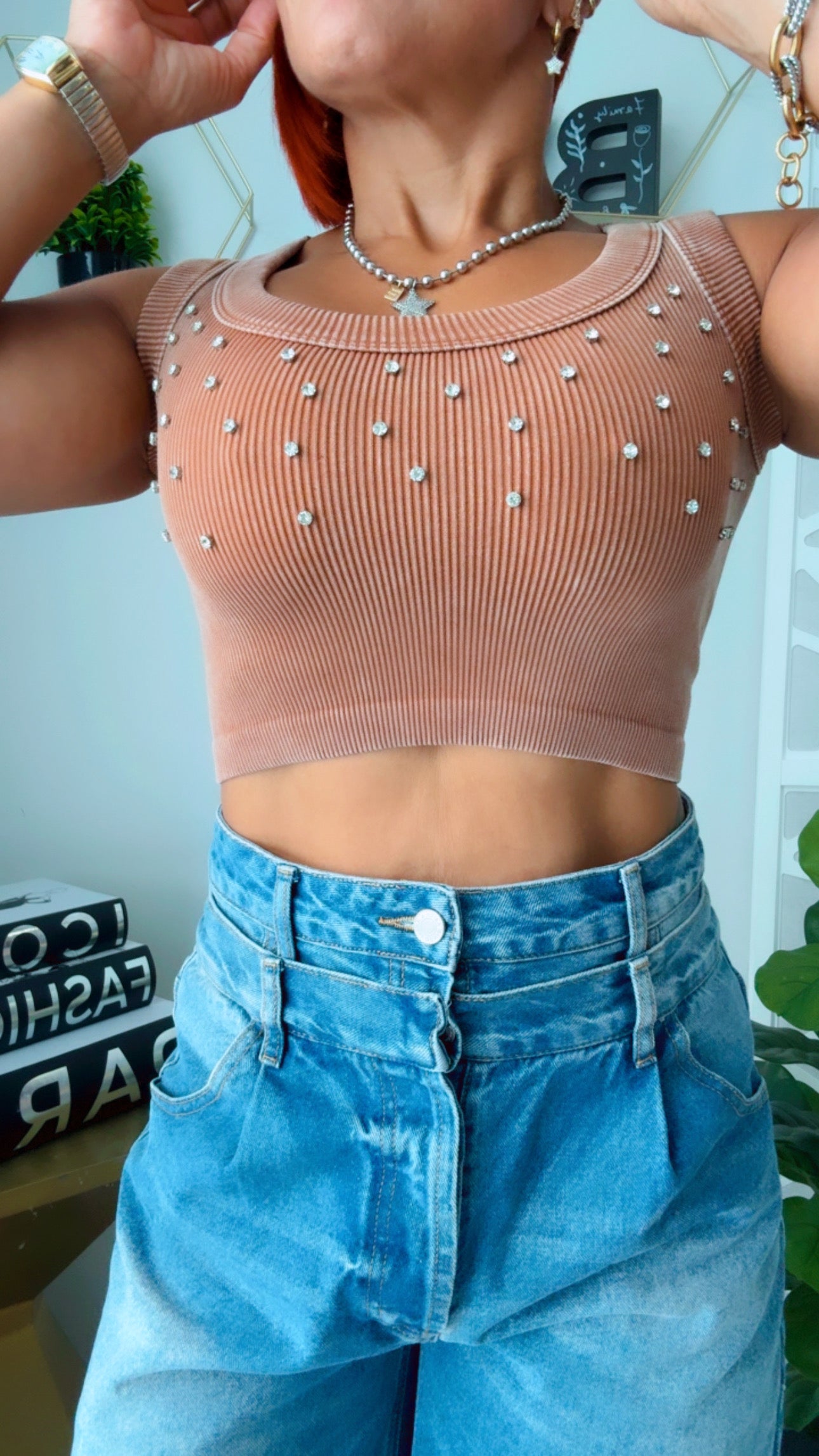 Rhinestone Washed Mocha Crop Top