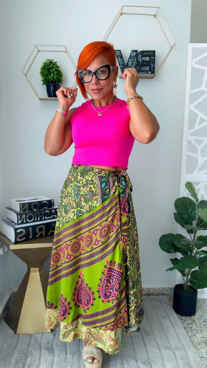 Fushia &  Neon Green Reversible Wrap Around Skirt