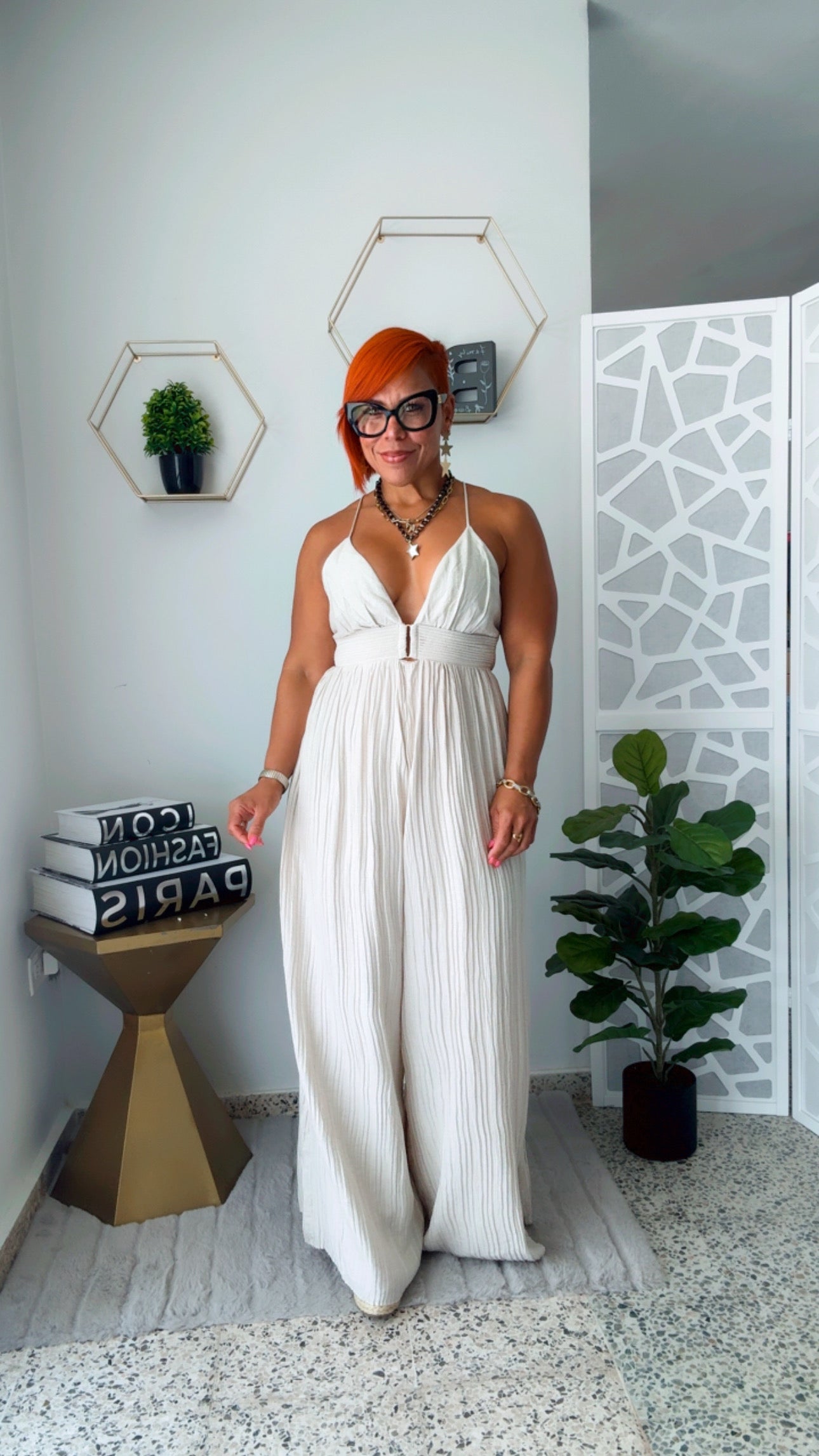Simple Beige V Neck Backless Linen Jumpsuit Sleeveless