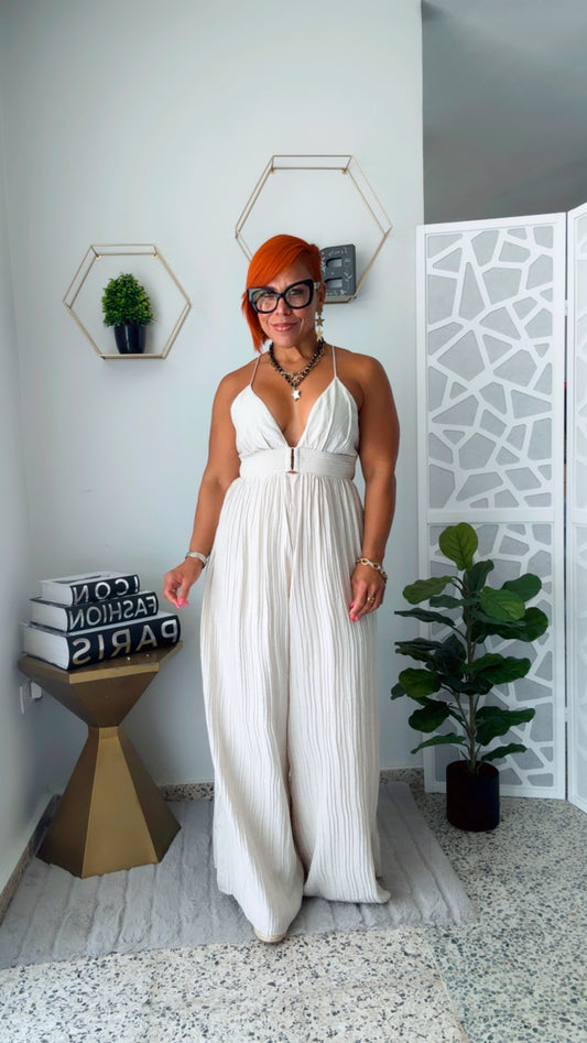 Simple Beige V Neck Backless Linen Jumpsuit Sleeveless