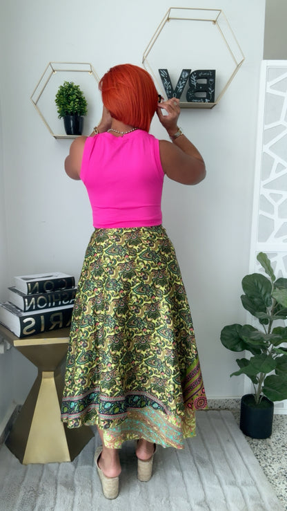 Fushia &  Neon Green Reversible Wrap Around Skirt