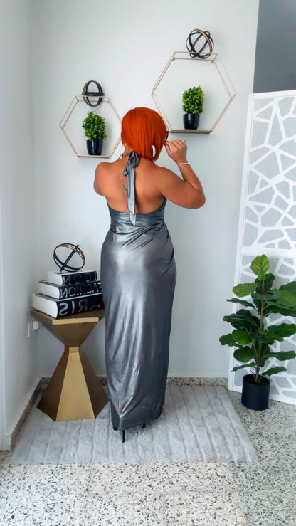 Twist Front Metallic Gray Maxi Dress (Pewter)