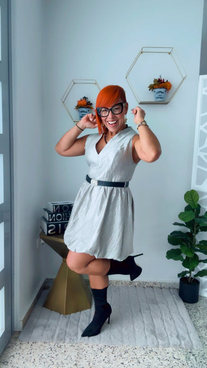 Silver Bubble Mini Dress w/Belt