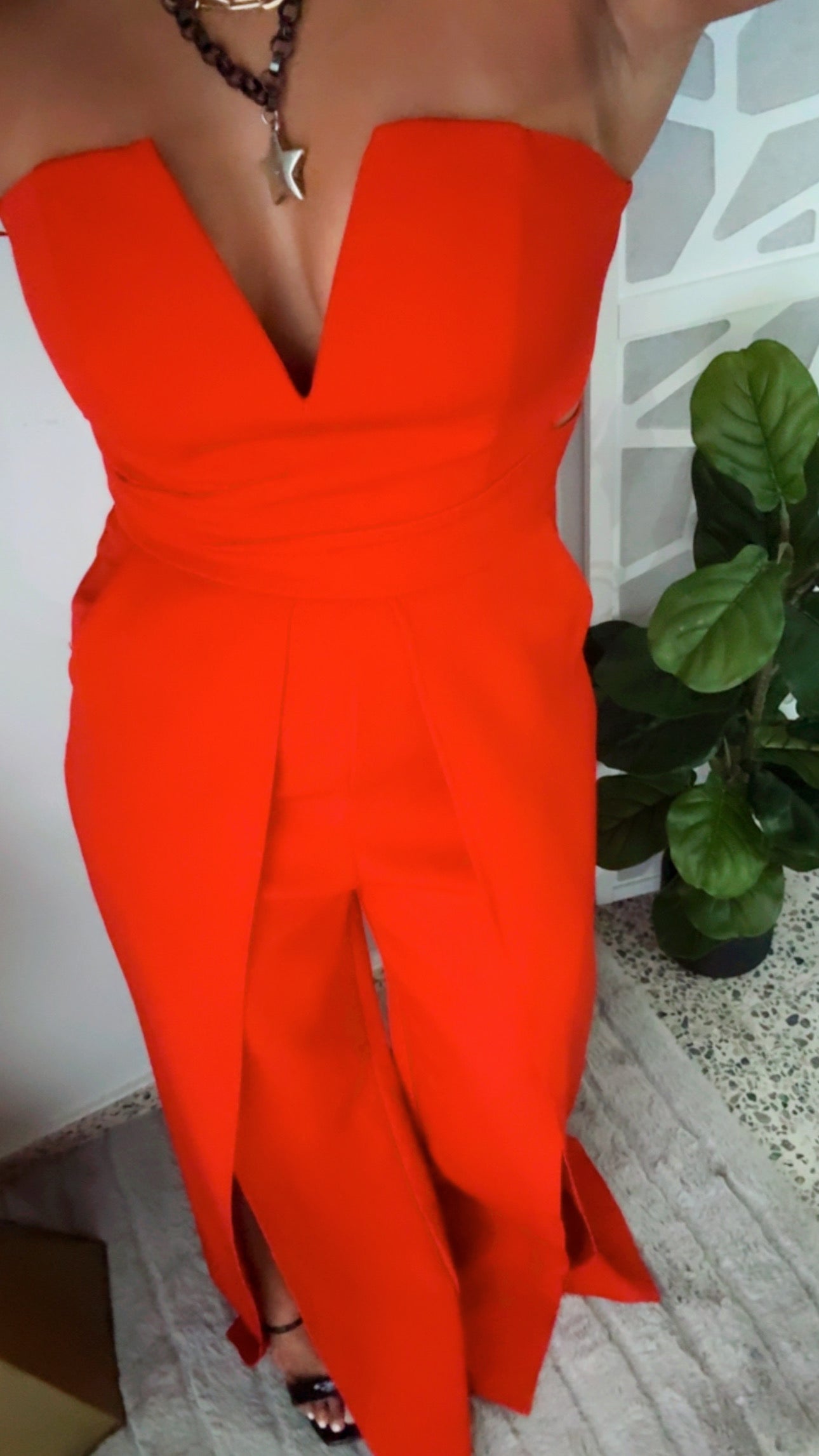 Red Jumpsuit with Cut-out Leg