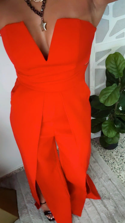 Red Jumpsuit with Cut-out Leg