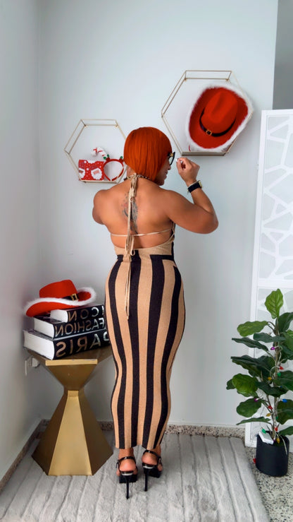 Black & Gold Striped Midi Dress