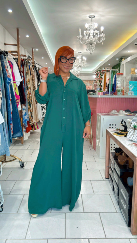 Emerald Chic Oversized Button-Up Jumpsuit