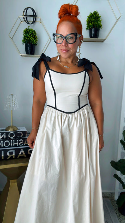 Poplin Bow Strap Contrast Midi Dress