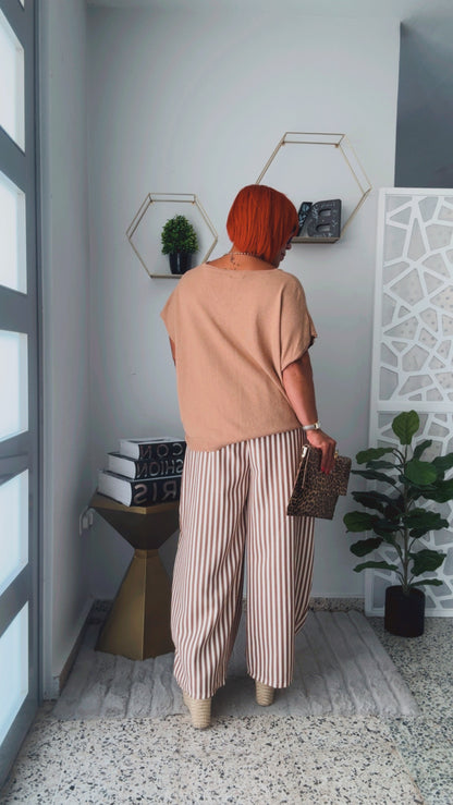 Nude and Beige Line Flow Pants