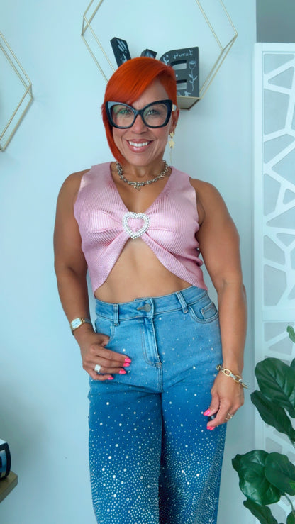 Rhinestone Heart Pink Metallic Crop Top