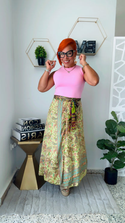 Fushia &  Neon Green Reversible Wrap Around Skirt