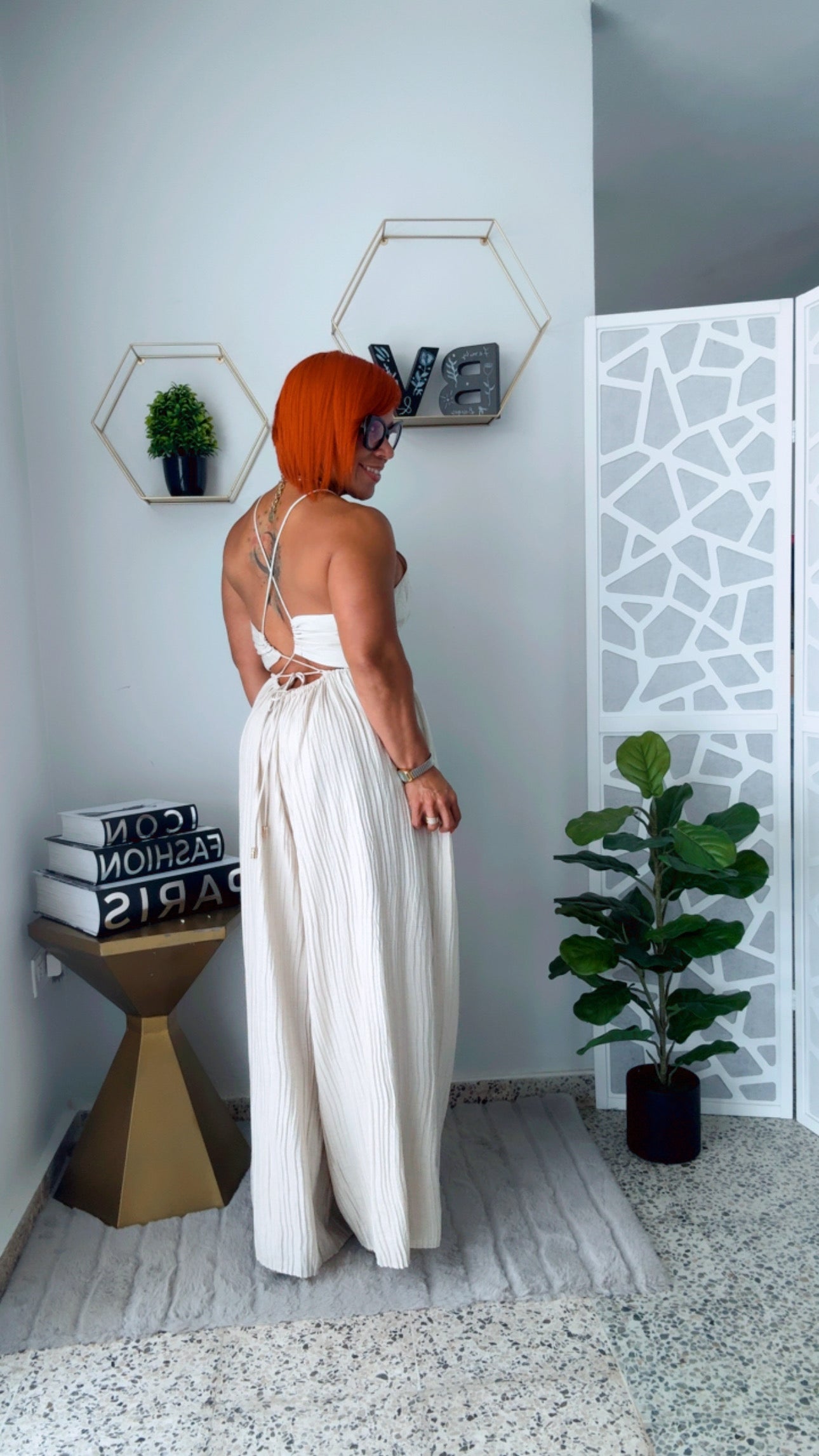 Simple Beige V Neck Backless Linen Jumpsuit Sleeveless