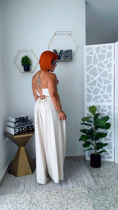 Simple Beige V Neck Backless Linen Jumpsuit Sleeveless