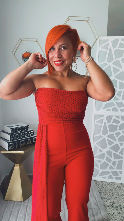 Passion Red Rhinestone Jumpsuit