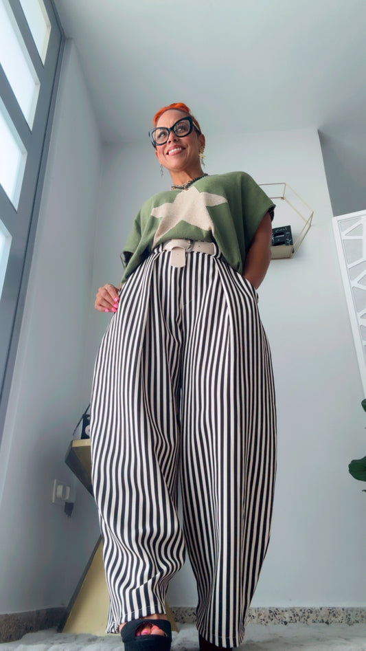 Black & Beige Line Flow Pants