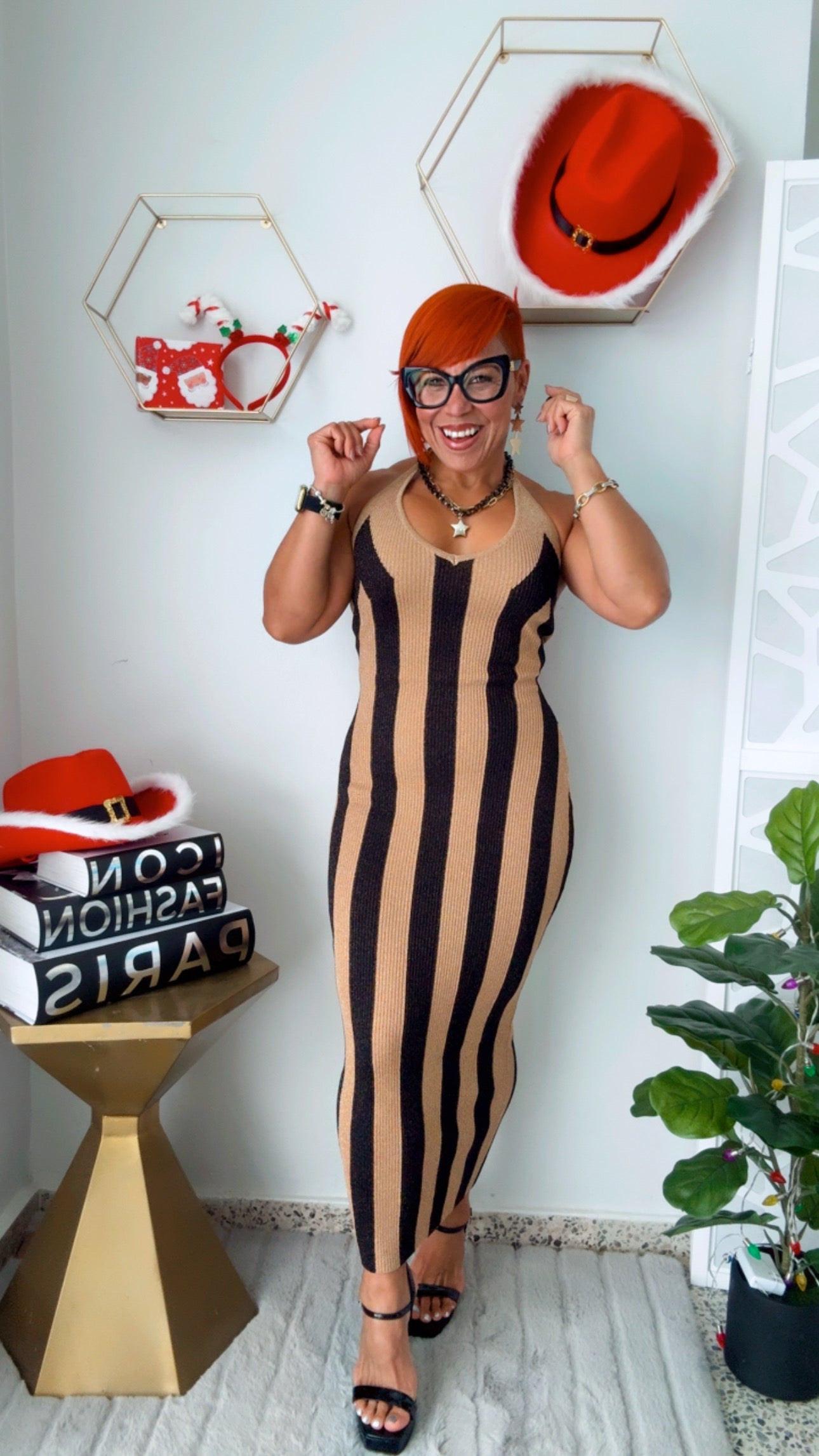 Black & Gold Striped Midi Dress