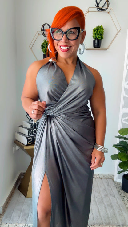 Twist Front Metallic Gray Maxi Dress (Pewter)