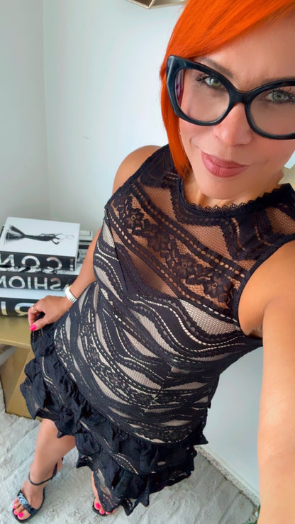 Black Lace Short Ruffle Dress