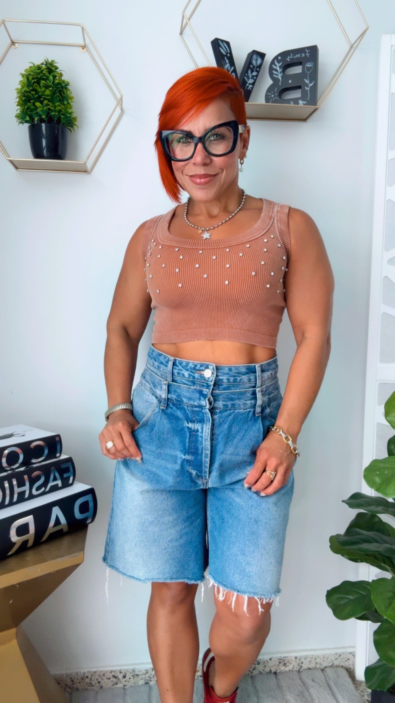 Rhinestone Washed Mocha Crop Top
