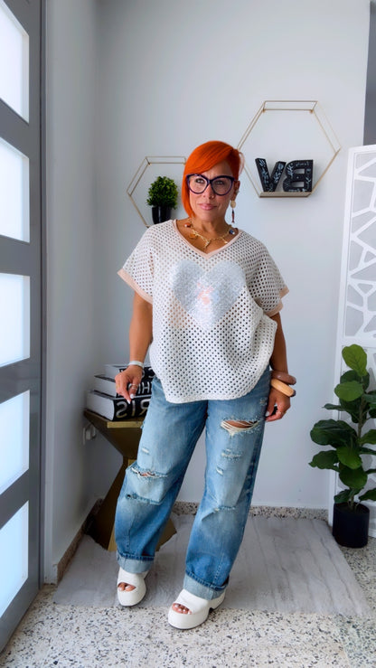 Silver Rhinestone Hearth Crochet Glam Top