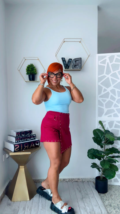 Burgundy Asymmetric Suede Skort with Studs