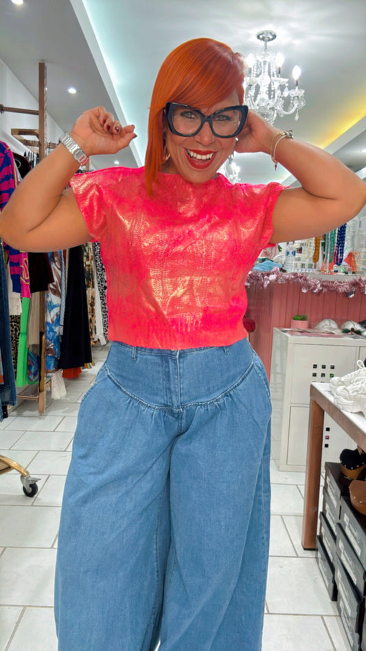 Hot Pink Sleeveless Metallic Sweater