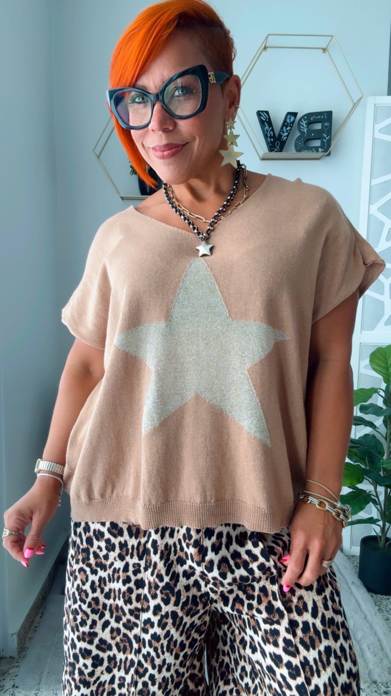 Beige With Gold Star Oversized Top