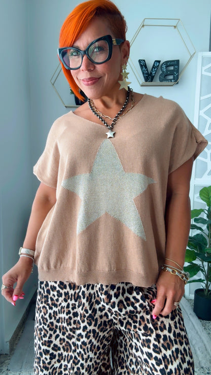 Beige With Gold Star Oversized Top