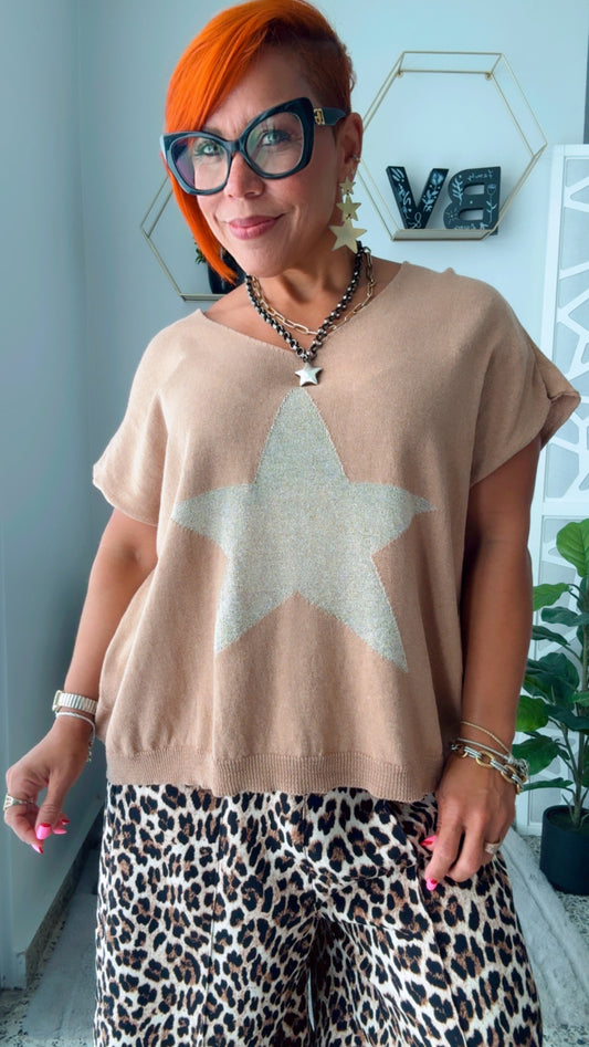 Beige With Gold Star Oversized Top