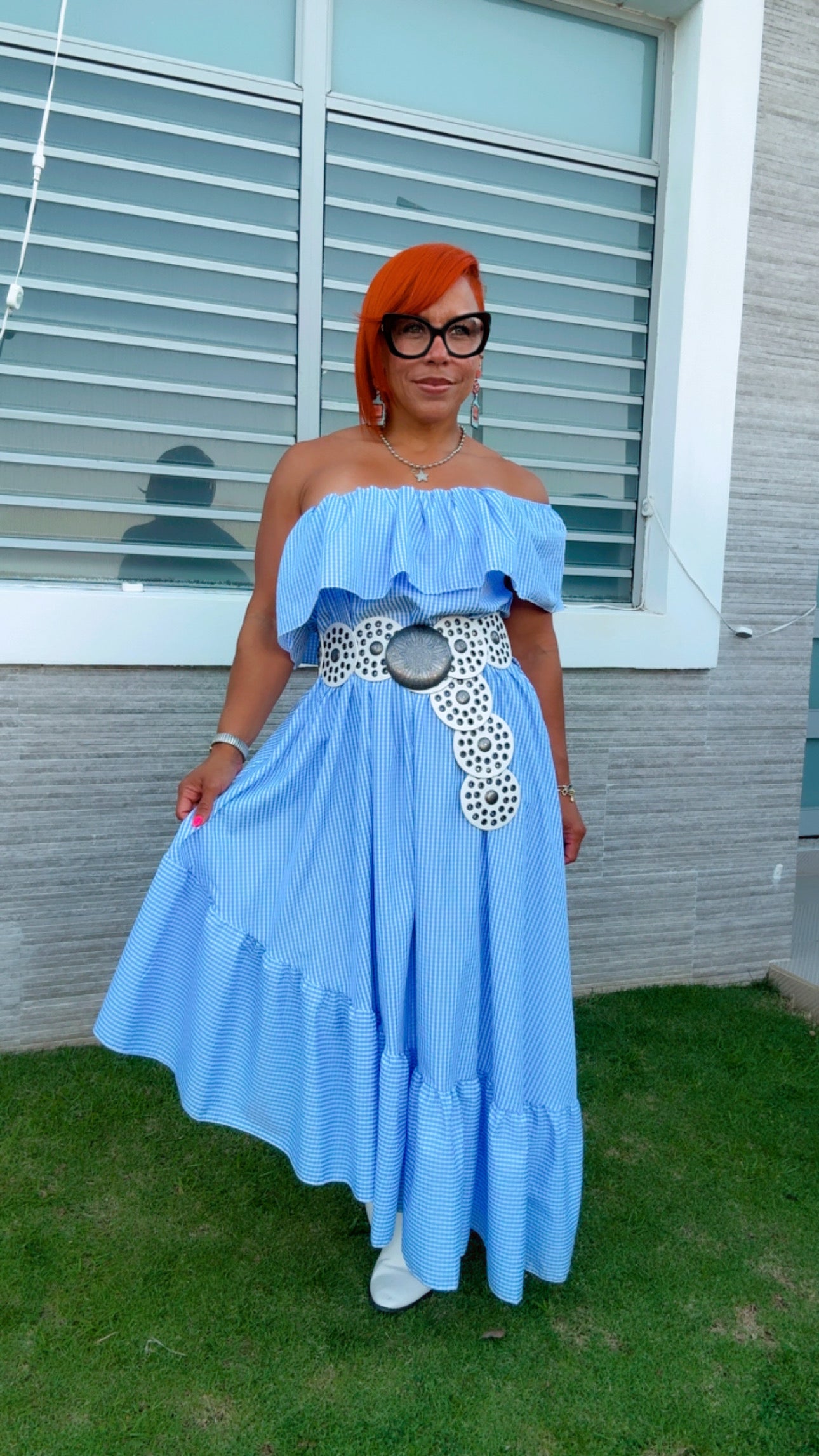 Gingham One Shoulder Maxi Dress
