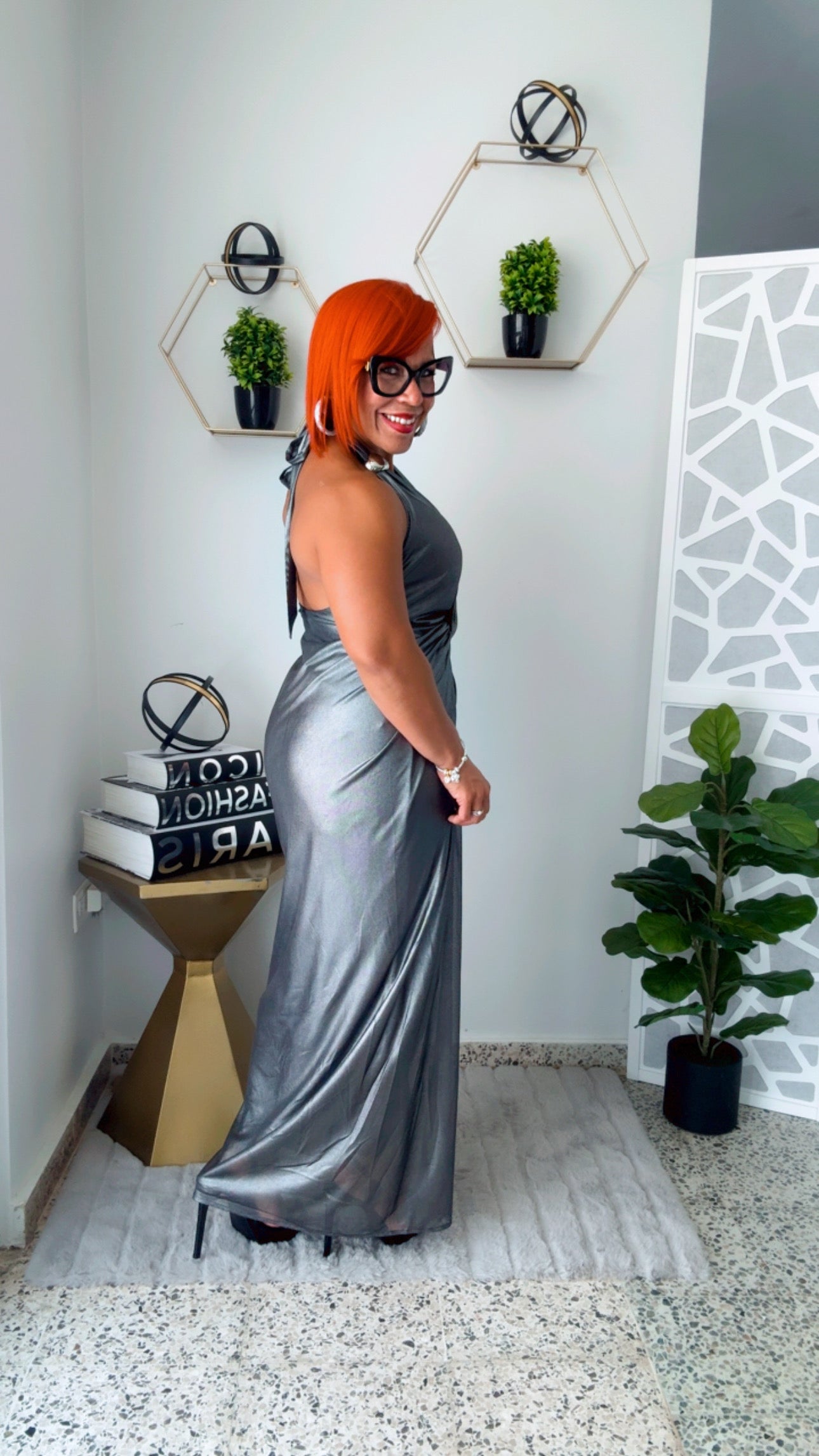 Twist Front Metallic Gray Maxi Dress (Pewter)