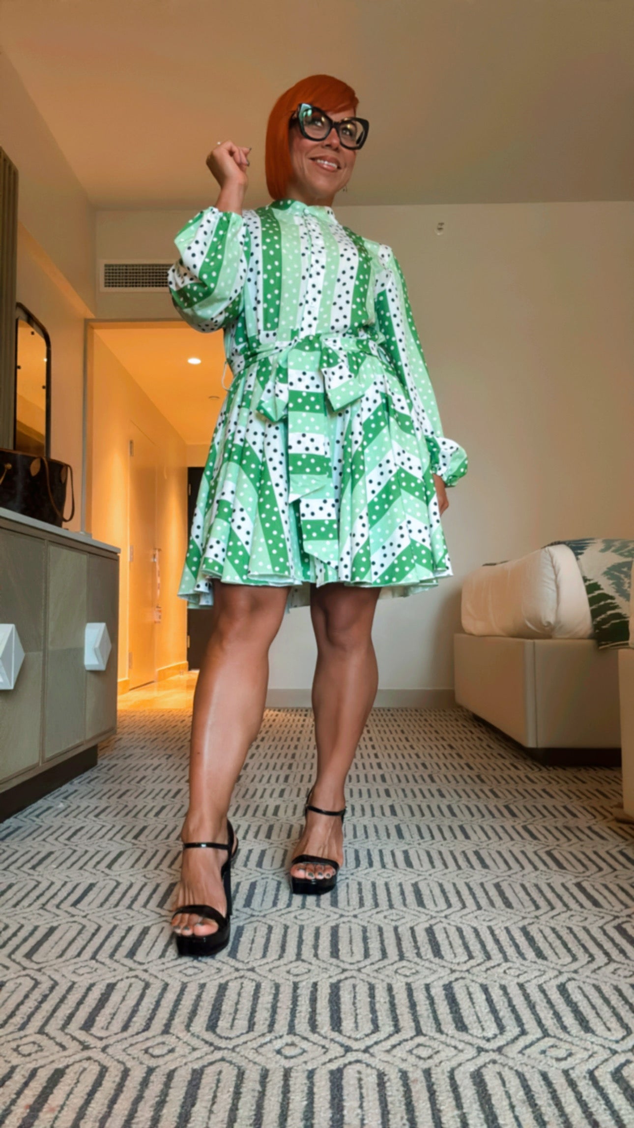 Green Striped Polka Dots Short Dress