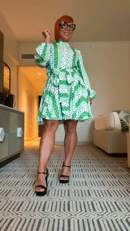Green Striped Polka Dots Short Dress