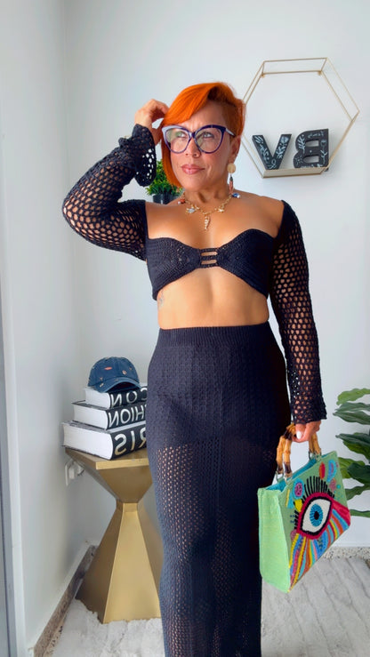 Black Crochet Skirt Set