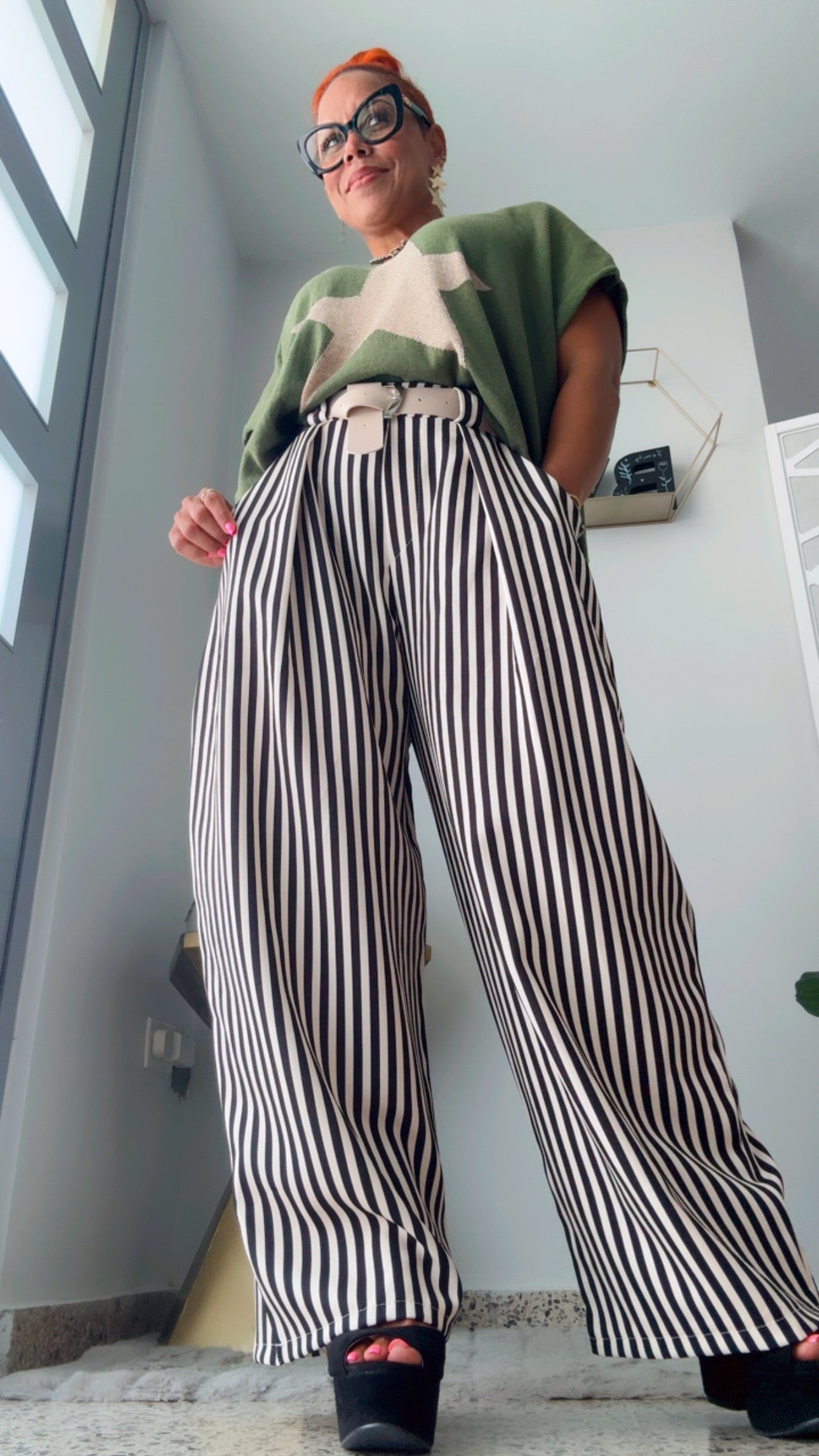 Black & Beige Line Flow Pants