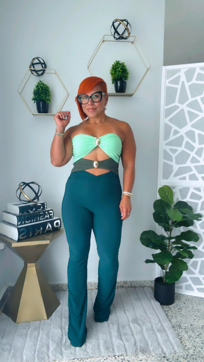 Green Color Block Cut-Out Jumpsuit